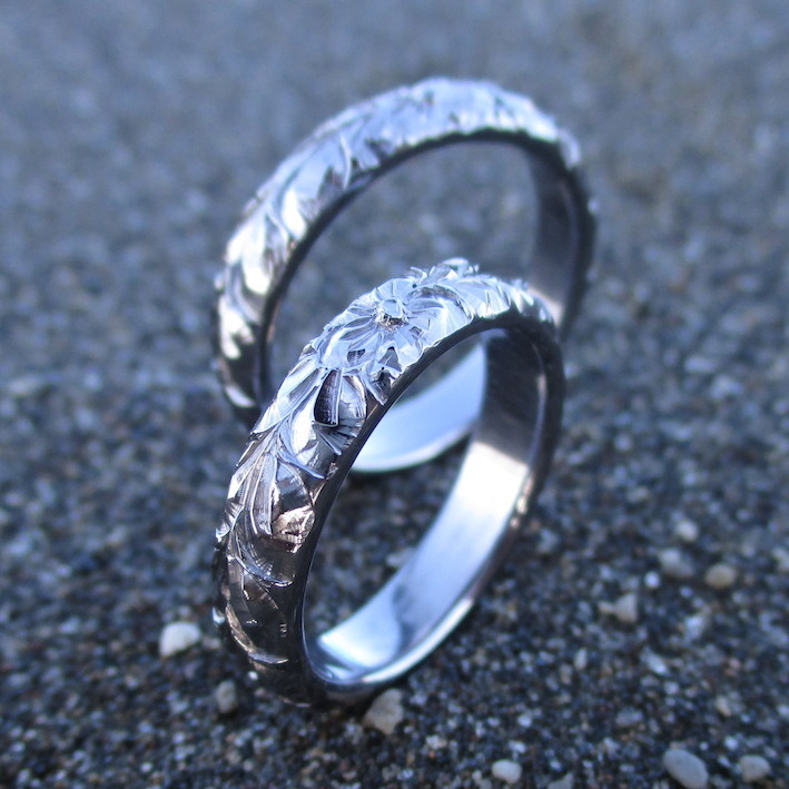 特殊素材のハワイアンジュエリー・タンタルの結婚指輪　Tantalum Rings Hawaiian Engraved